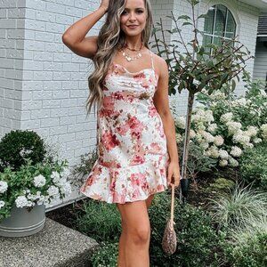 Women's Ballerina Floral Satin Mini Dress | Wedding Guest Dress | Pink